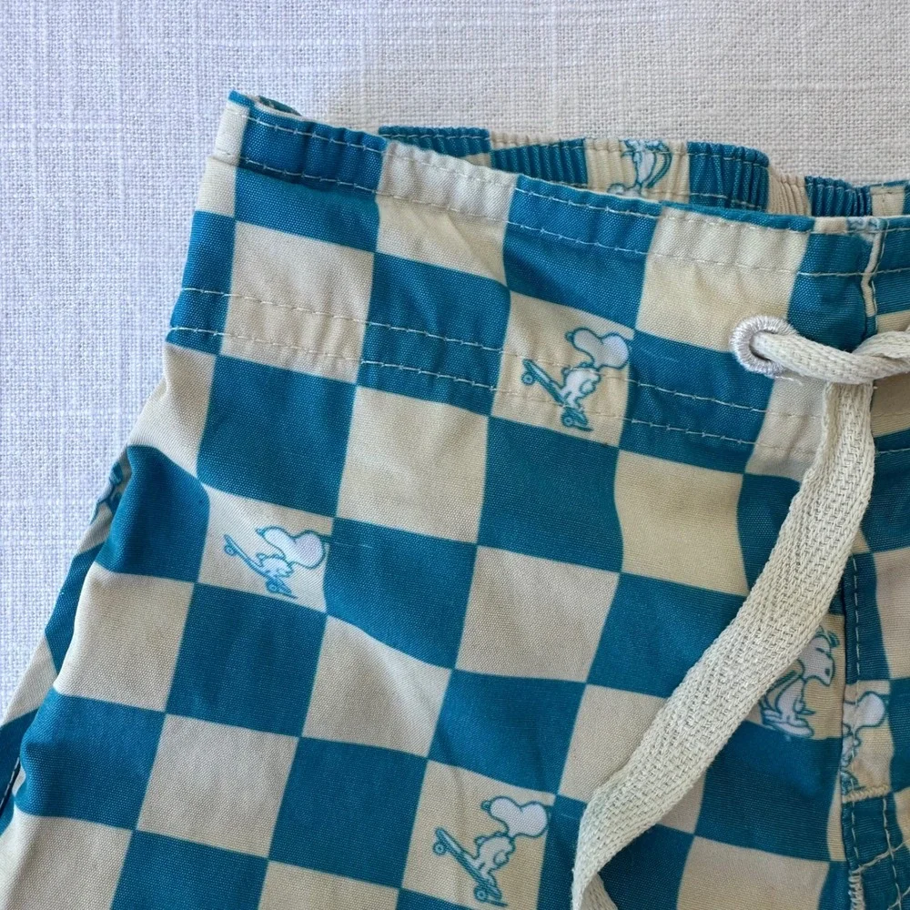 Seaesta Surf Peanuts Snoopy Skateboard Checkered Board Shorts Teal Cream Kids 3T